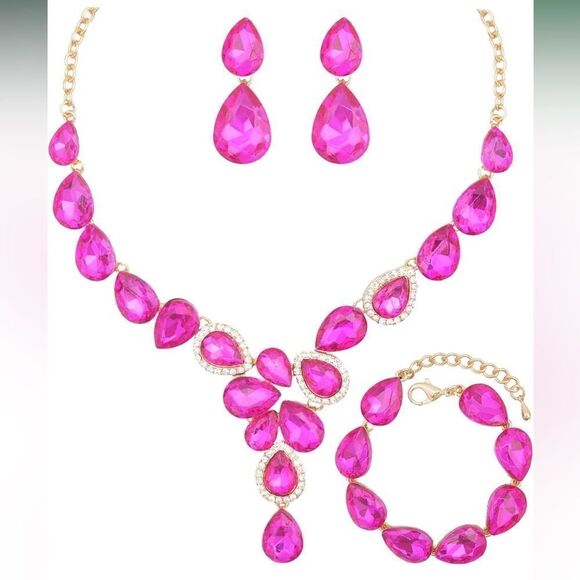 Wedding Bridal Teardrop Austrian Crystal Statement Necklace Gold Plated Set - Picture 2 of 7
